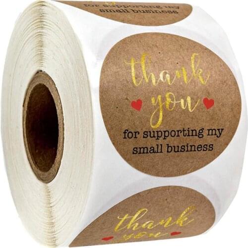 Round Natural Kraft Paper Thank You for Supporting My Small Business Stickers Seal Label with Gold Foil Word Thank You Stickers