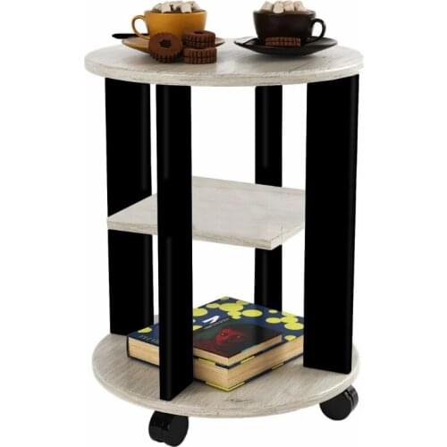 Round coffee table , wooden serving table with wheel and shelf