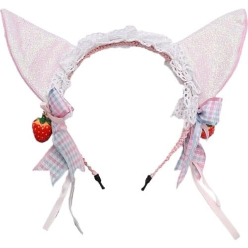 K3NF Lolita Lace Headbands Shiny Cat Ears Headwear Bows Adorn with Strawberry Pendant Kawaii Cosplay Headpiece Party Supplies