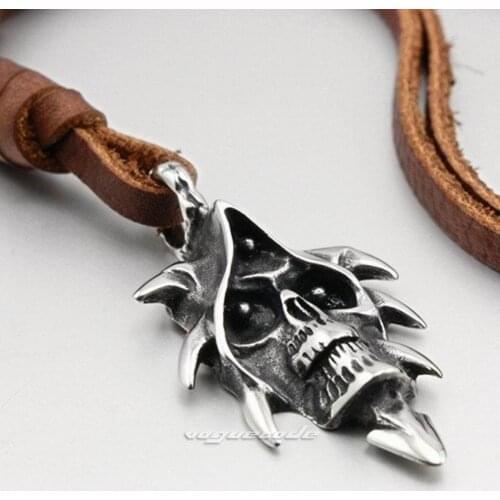 316L Stainless Steel Skull Pendant Mens Biker Rock Punk Styleleather Necklace 4R026
