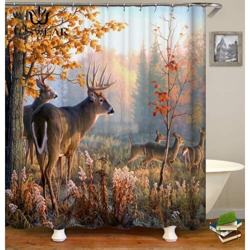 Forest Sika Deer Shower Curtain Leaves Branch Waterproof and Mildew Bathroom Shower Curtain with Hooks Cortina De Ducha SC1071