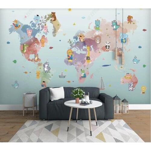 Papel de parede Hand drawn cartoon world animal map childrens room wall 3d wallpaper children bedroom wall papers home decor