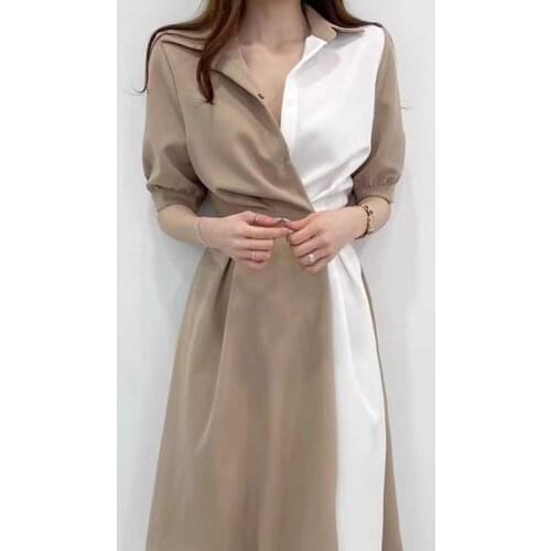 2021 Summer New Dress Fashion Midi Long Dresses A-line Korea Chic Contrast Stitching Button Up Waist Short Sleeve Dress 15185