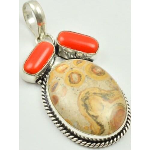 Jaspers & Coral Pendant Silver Overlay over Copper, 58mm , P3552