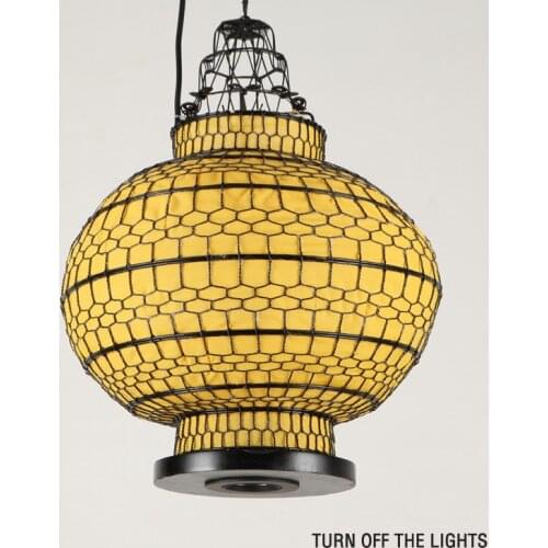 Modern Chinese Style Big Red / Yellow Lantern with Metal Frame Chain Pendant Light for Living Room Bar Cafe