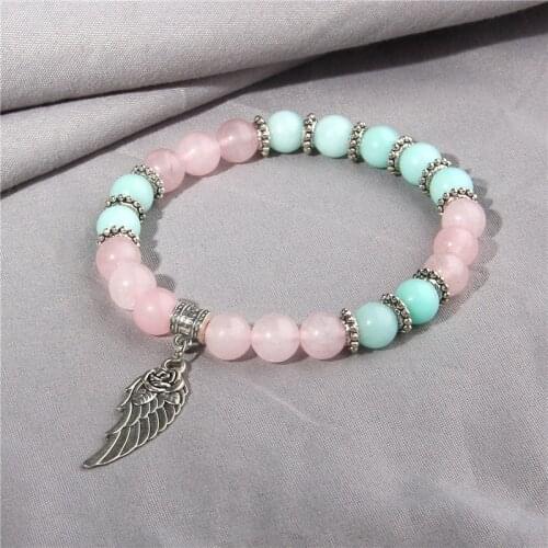 Pink Quartz with Angel Wings Pendent Bracelets Women Natural Stone Beads Charms Bangles Meditation Ethnic Handmade Jewelry Gift