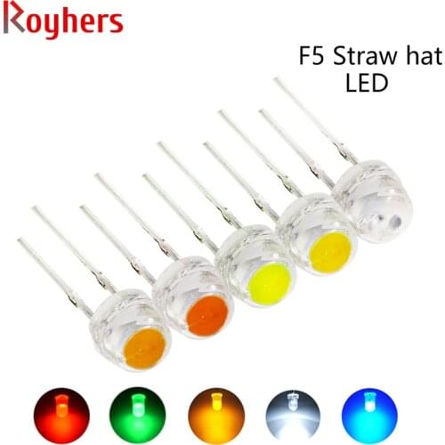 100Pcs F5 5mm DIP LED Straw Hat White Red Yellow Blue Green Orange Purple DIY Flashing RGB High Light Emitting Diode Set PCB