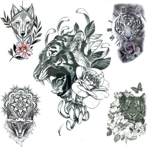 Ferocious Tiger Flower Temporary Tattoos For Men Women Geometric Wolf Tattoo Sticker Tribe Clock Mandala Henna Lion Tatoo Hands