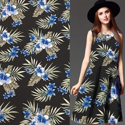 Pure silk fabric spun silk fabric blue floral and leaves on black bottom,SRS072