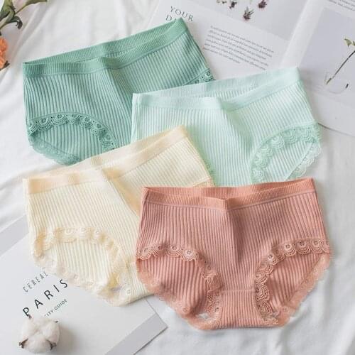 3Pcs Womens Comfortable Cotton Panties Antibacterial Ladies Underwear Lace Breathable Mid-waist Sexy Briefs Multiple Color