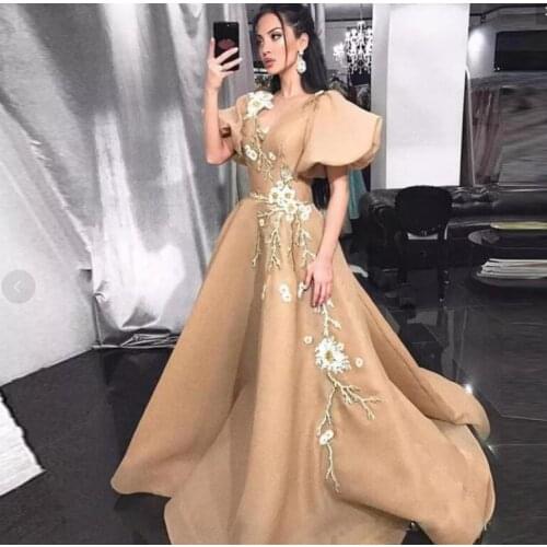 Champagne Prom Dresses With Appliques V Neck Short Sleeves Formal Dresses Evening Wear Sweep Train Cheap Cocktail party Gowns