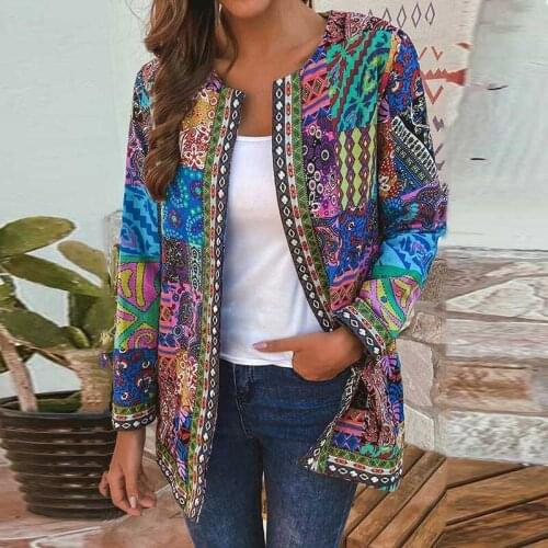 Plus Size L-6XL Jacket Coat Women Fashion Autumn Winter Ethnic Floral Print Long Sleeve Loose Jacket Coat Loose Chic Female Top