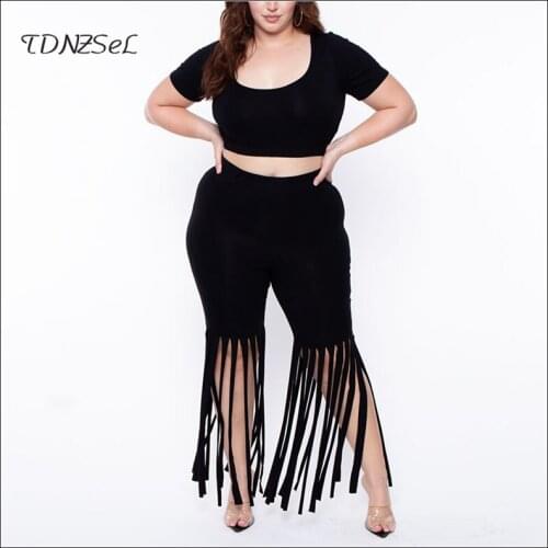 Casual Black Summer Women Fringed Trousers Casual Set Slim Stretch Short-sleeve Show Waist Top Lady Two Piece 2020 New Custom