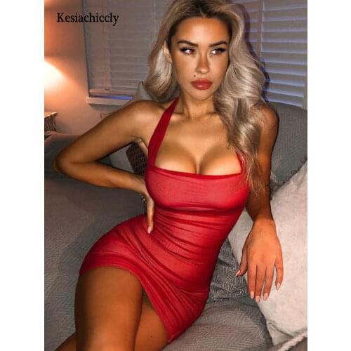 Kesiachiccly Mesh Summer Dress 2021 Halter Sexy Bodycon Ruched Dress Woman Party Night Club Dress Women Vestidos Fashion Clothes