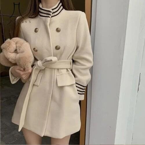 Heydress 2021 women elegant winter thick warm wolle coats female double breasted stand collar outerwears Korean sashes coats