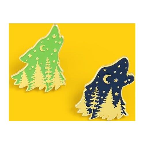 Starry Moon Coniferous Forest Deep Forest Animals Enamel Pins Wolf Structure Brooch For Women Lapel Pins Badge Jewelry Wholesale