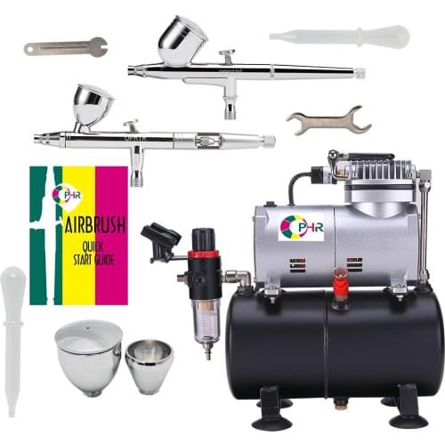 OPHIR 0.3mm & 0.5mm 2-Airbrush Gravity Dual-Action Kit Tank Air Compressor 110V,220V for Hobby Tattoo Painting Airbrushing