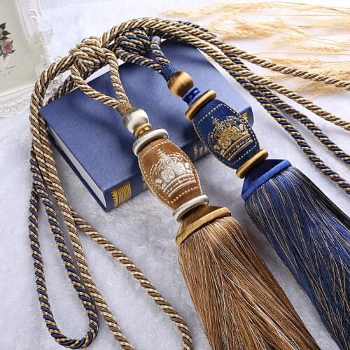 2Pcs Embroidery Crown Curtain Tiebacks Long Tassel Brush Fringe Straps Hanging Bind Ropes Buckle Curtain Accessories Villa Decor