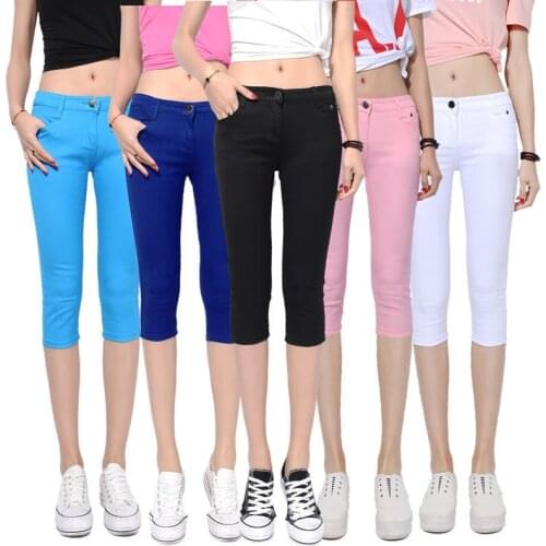 2019 Skinny Womens Capris Jeans Pants Female Knee Length Stretch Slim Capri Jeans Women Candy Color Summer Denim Jeans Shorts