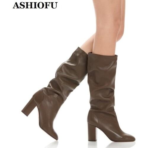 ASHIOFU Handmade New Style Ladies Chunky Heel Boots Party Prom Sexy Knee-high Boots Winter Evening Club Fashion Boots Shoes