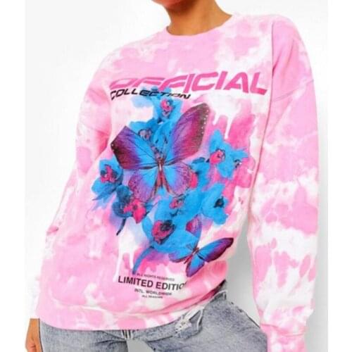 Butterfly Print Letter Graphic Hoodies Oversized Sweatshirt Women O Neck Long Sleeve High Street Tie Dye Shirt Fall Fashion Tops