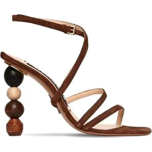Summer High-heeled Sandals Special-shaped Round Heels Narrow Band Back Strap Catwalk Womens Shoes Beige Sexy Pumps Sandalias