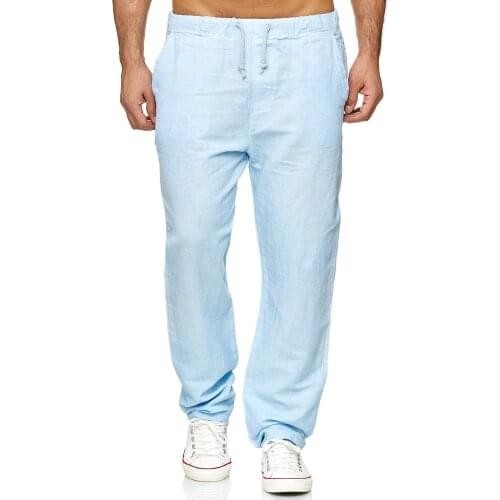 Mens Casual Cotton Linen Sports Pants Summer and Autuam Drawstring Trousers Large Size Solod Color Full Length Pants