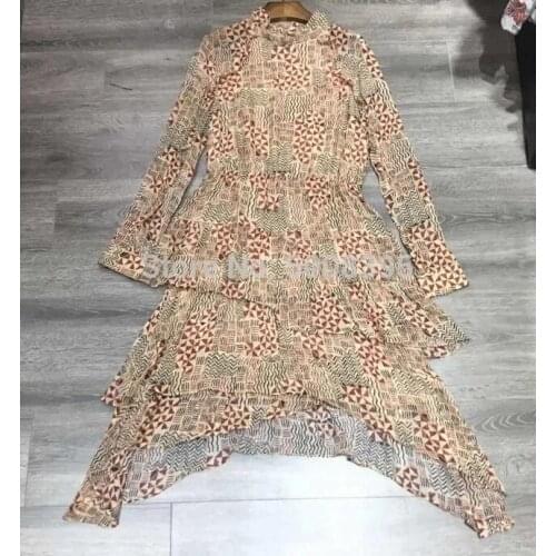 [ElfStyle] - Geometric Print Asymmetric Tier Mini Dress High Neck Long Sleeves Fashion woman Dress 2020