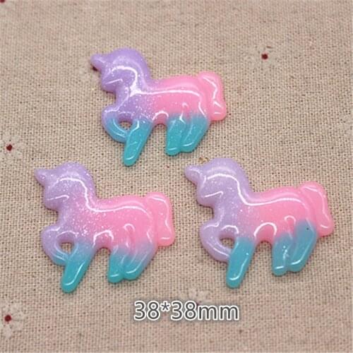 10pcs 38mm Kawaii Resin Glitter Tricolor Unicorn Flatback Cabochon Art Supply Decoration Charm Craft DIY Accessories