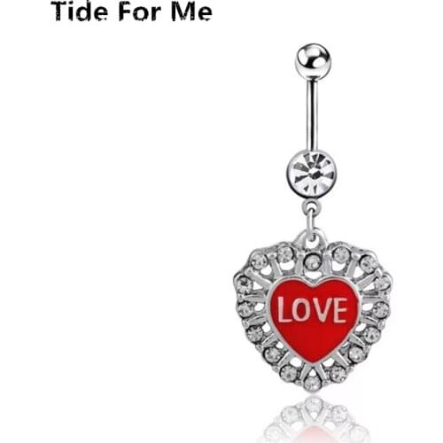 Fashion Heart Navel Piercing Belly Button Ring Red Crystal Pendant Piercing Belly Navel Ring Body Jewelry Gift Summer Style