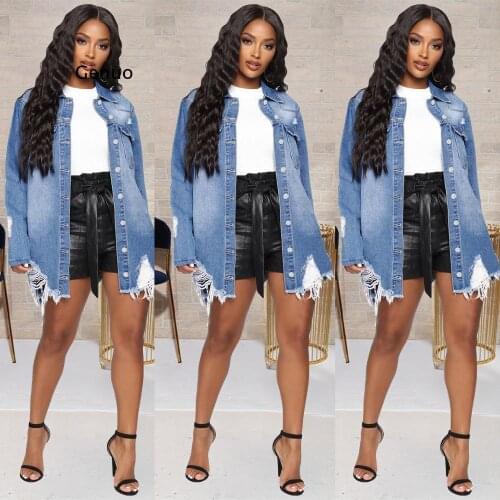 Single-breasted denim jacket womens hot top denim jacket fringed casual long jacket ladies loose denim jacket ripped jacket