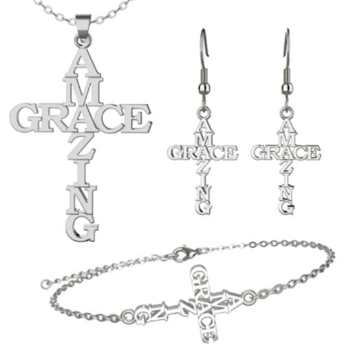 Stainless Steel Necklace Bracelet Earring Jewelry Set AMAZING&GRACE Pendant Cross Jewelry For Women Men Fashion Jewelry Gift