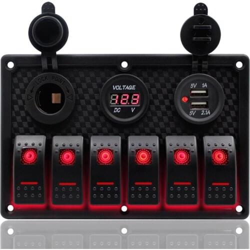 6 Gang Rocker Switch Panel 12V 24V ABS RV Car Trailer Boat Marine Red LED Rocker Switch Panel Circuit Breaker Dual USB Port