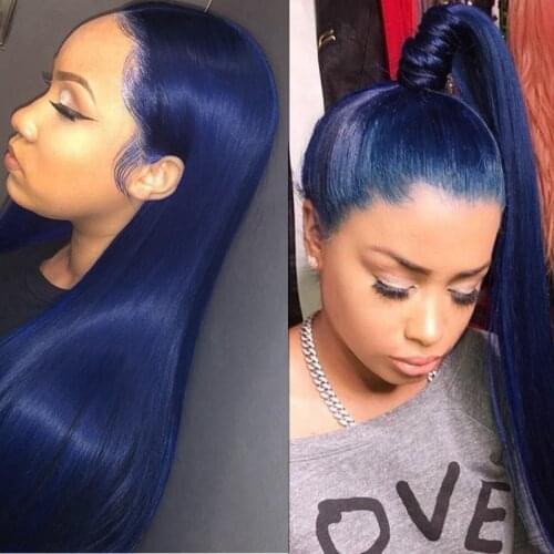 Dark Blue Color Straight 180% Lace Front Wigs Ombre Brazilian Remy Hair Wigs T Part Lace Human Hair Wig With Baby Hair For Women
