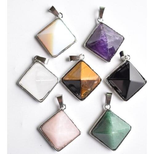 Natural Stones Pyramid Pendants Square Reiki Purple Crystal Pink Quartz pendants for jewelry making 6pcs wholesale free shipping