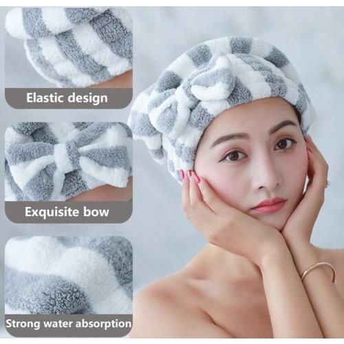 Bowknot Dry Hair Towel Quick-drying Hair Cap Shower Cap for Women Striped Pattern Super Absorbent Bath Accessories
