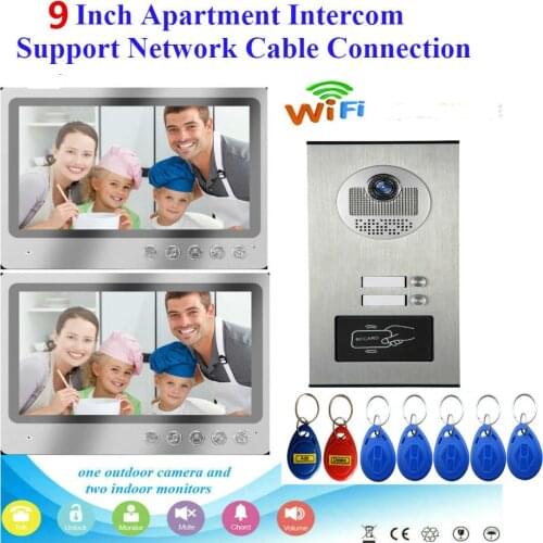 9 inch Wired Wifi Apartments Video Door Phone Intercom System RFID IR-CUT HD 1000TVL Camera with 2 Apartment/Family