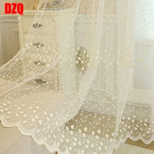 European Pastoral Style Beige Embroidery Sheer Curtain Luxury Lace Tulle Curtain Ready Made Voile for Window Decor