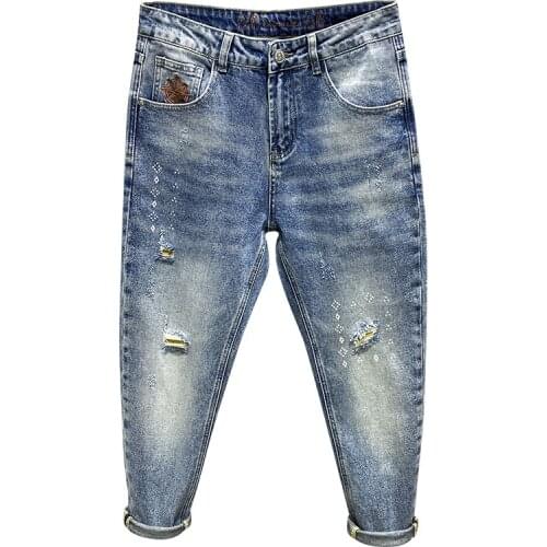 Ripped Jeans For Men Capris Pants Light Blue Hip Hop Mens Cropped Trousers Destroyed Torn Fashion High Quality Harem Pants Jean