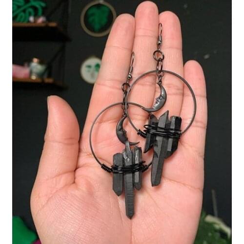 Witchy Black Quartz Crystal Earrings, Dangle Earrings with Crescent Moon,gift for Witchy