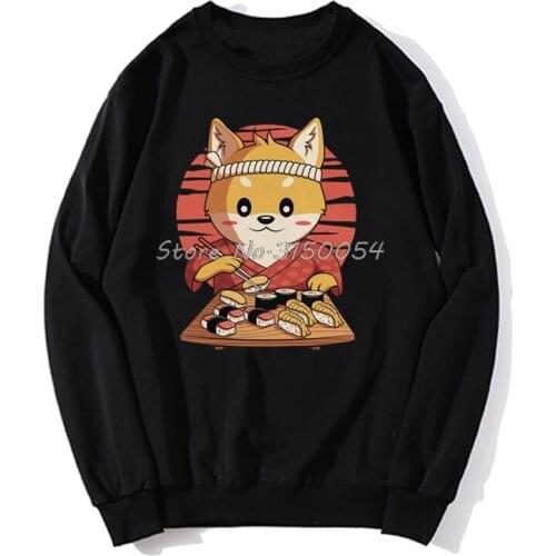 Kawaii Shiba Inu Dog Graphic Hoodie Funny Eating Japanese Sushi Anime Spring Autumn Men Pullover Sweatshirts Harajuku Streetwear