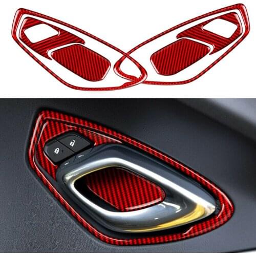 Carbon Fiber 2 Set Car Interior Door Handle Bowl Switch Button Cover Trim Frame Sticker Fit For Chevrolet Camaro 2016-2019 2020