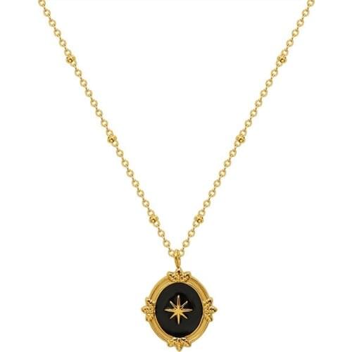 2021 Vintage IP 18K Real Gold Beaded Chain Necklace Stainless Steel Black Starburst Pendant For Women Girl Trendy Jewelry Gift