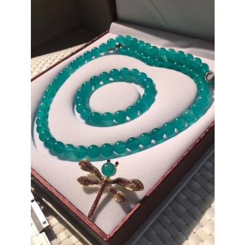 Top Quality Natural Ice Green Amazonite Gems Clear Round Beads Craved Bracelet Necklace A set 11mm AAAAA Certificate