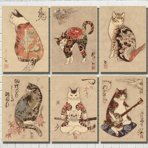 WTQ Japanese Samurai Cat Tattoo Cat Anime Posters Vintage Retro Poster Wall Decor Wall Art Picture Room Decor Home Decor