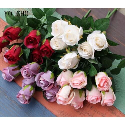YO CHO Artificial Flower 7 Heads Fake Silk Rose Girl Bouquet Holding Flower Pink Mini Bouquet Wedding Home Party Decorations