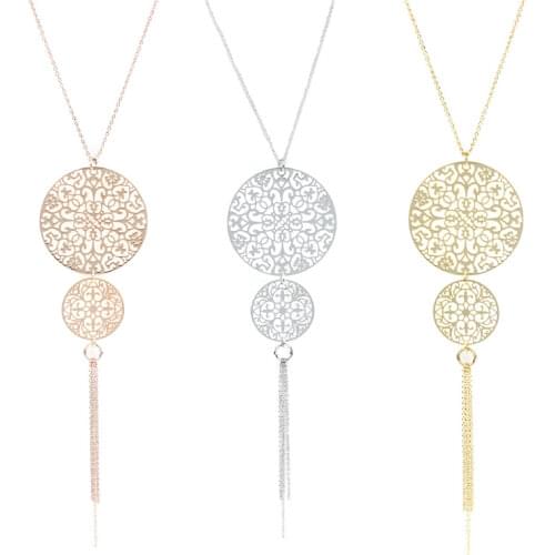 Vintage personality women circle cutout carvings pattern pendant sweater necklace long chain tassel 18K Gold Plated necklace