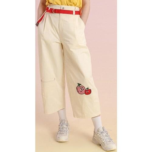 Womens Casual Trousers High-waist Beige Cotton Straight-leg Pants Capris Ladies Ankle-length Pant Cartoon Fruit Embroidery