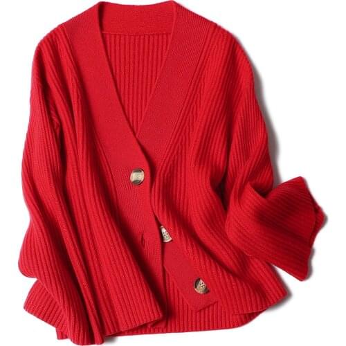 Shuchan 100% Cashmere Sweater For Women Thick Warm Cardigans 2018 Autumn Winter Long Sleeve Cardigan Womens Coat Red White