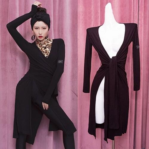 Latin Dance Dress Women Black Robe Long Sleeves Dress Samba Tango Ballroom Dancing Competition Clothes Practice Wear DNV14058